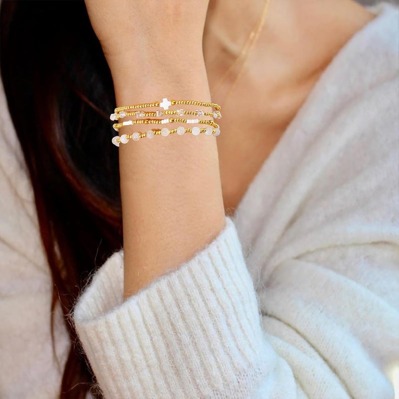 Pymach Store Dainty Gold Plated Pearl Crystal Beaded Bracelets Set for Women 14K Gold Plated Bead Pearl Beads Bracelet Stackable Paperclip Link Chain Bracelets Gold Plated Bracelets for Women Trendy Jewelry - Image 5